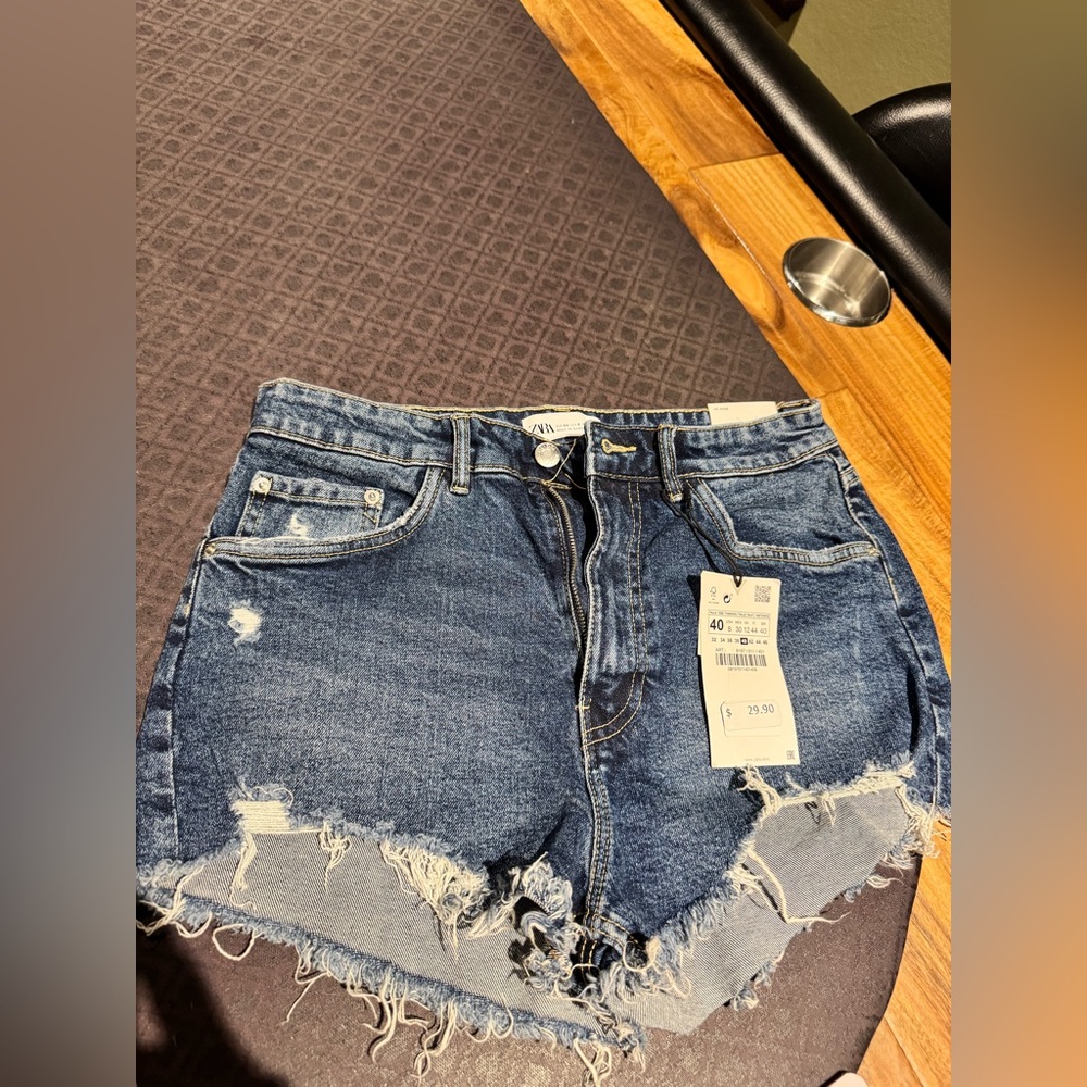 BRAND NEW Zara Dark Blue high rise Distressed Jean Shorts